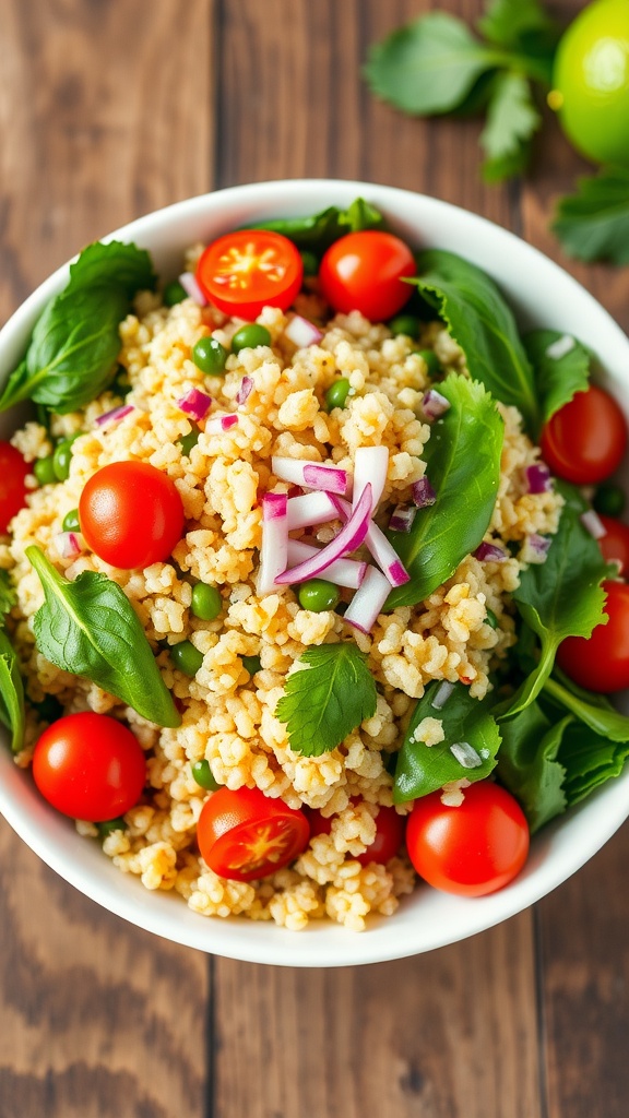 A colorful quinoa salad with spinach, cilantro, cherry tomatoes, and lime dressing in a rustic bowl on a wooden table.